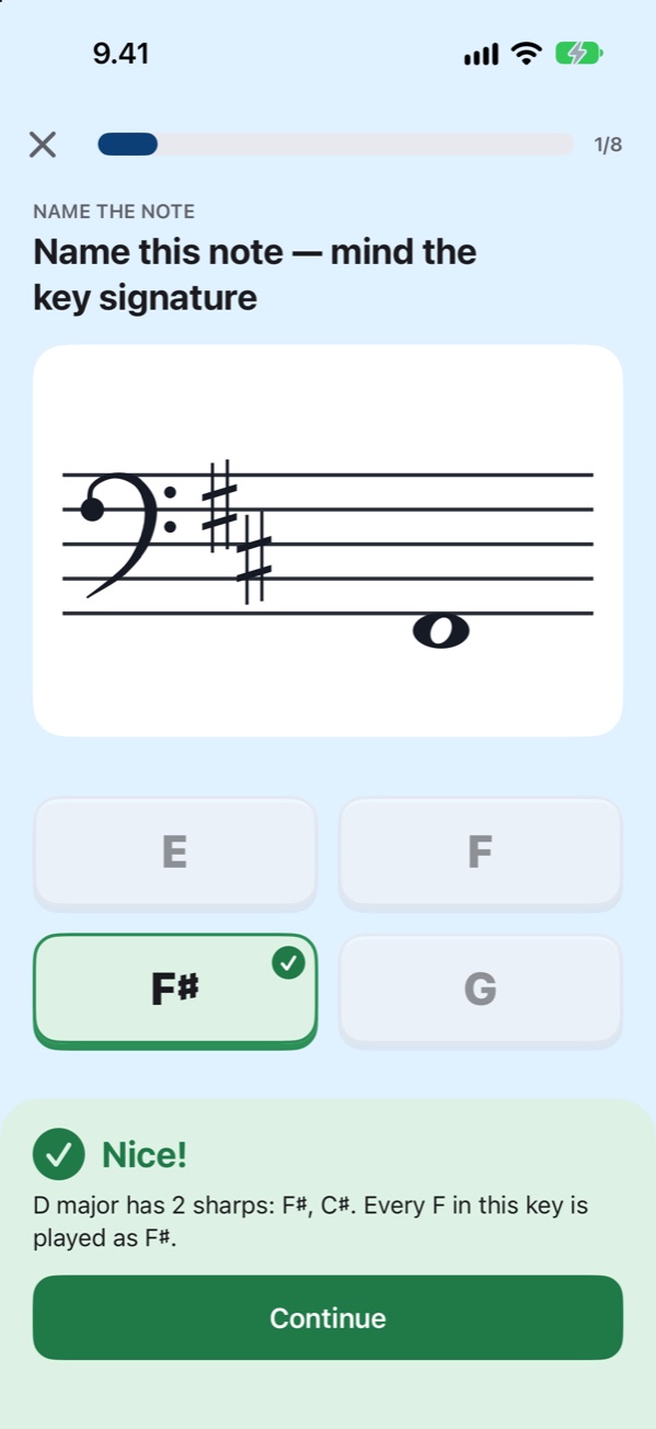 A question asking to name a note in D major, answered right, with a short explanation